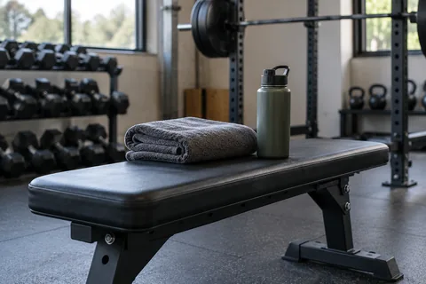 A folded towel and water bottle on an empty gym bench.