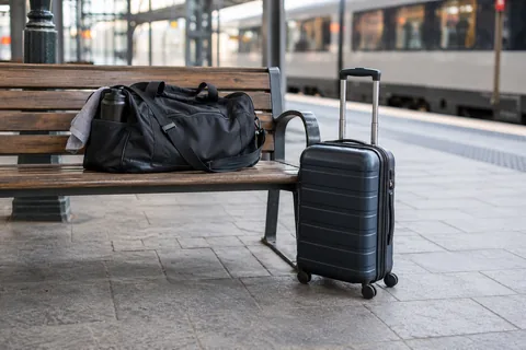Small suitcase beside a gym bag at a railway station bench.