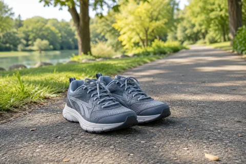 Walking shoes on a quiet level park path.