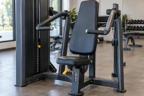 Selectorised chest press machine with clearly visible seat lever.