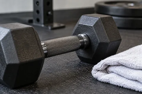 Close-up of textured dumbbell grip with a clean dry towel nearby.