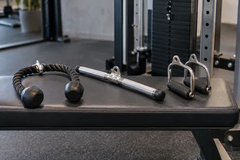 Rope straight bar and neutral-grip cable handles arranged separately.