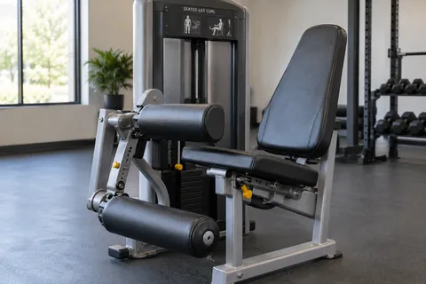 Seated leg curl machine with adjustable thigh and ankle pads.