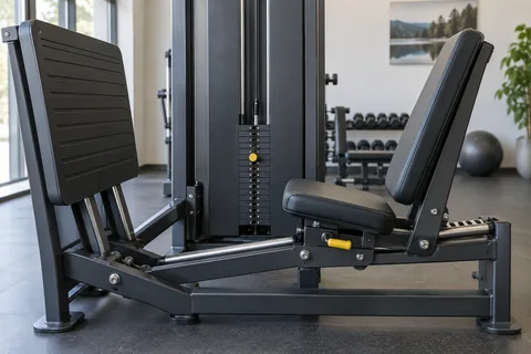 Empty selectorised seated leg press machine showing seat adjustment.