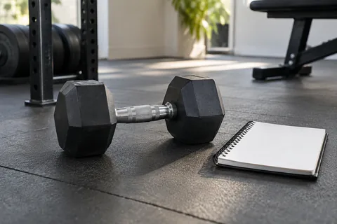 Single dumbbell beside a training notebook with no readable writing.
