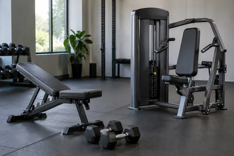 Weight bench and dumbbells beside a selectorised strength machine.