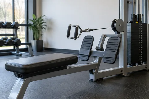 Seated cable row station with handle and footplates visible.